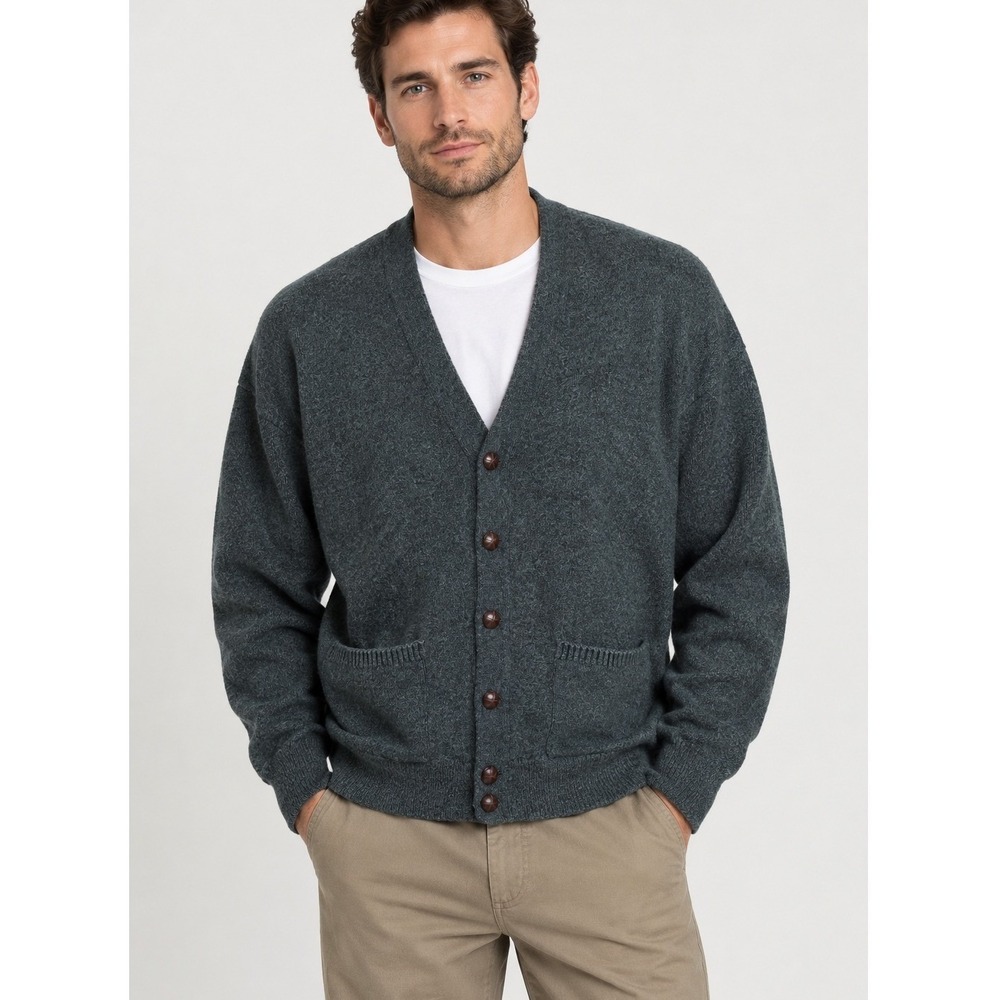 LL Bean Cardigan Mens L Green Lambswool Scotland V-Neck Vintage Grandpacore